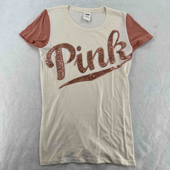 PINK Victoria's Secret Women's T-Shirt Sequined Ivory Pink Shortsleeves Sz Large - Picture 1 of 6
